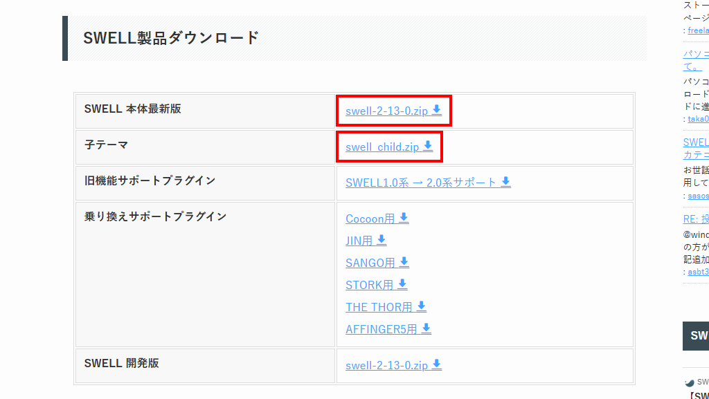 SWELL本体と子テーマをダウンロード